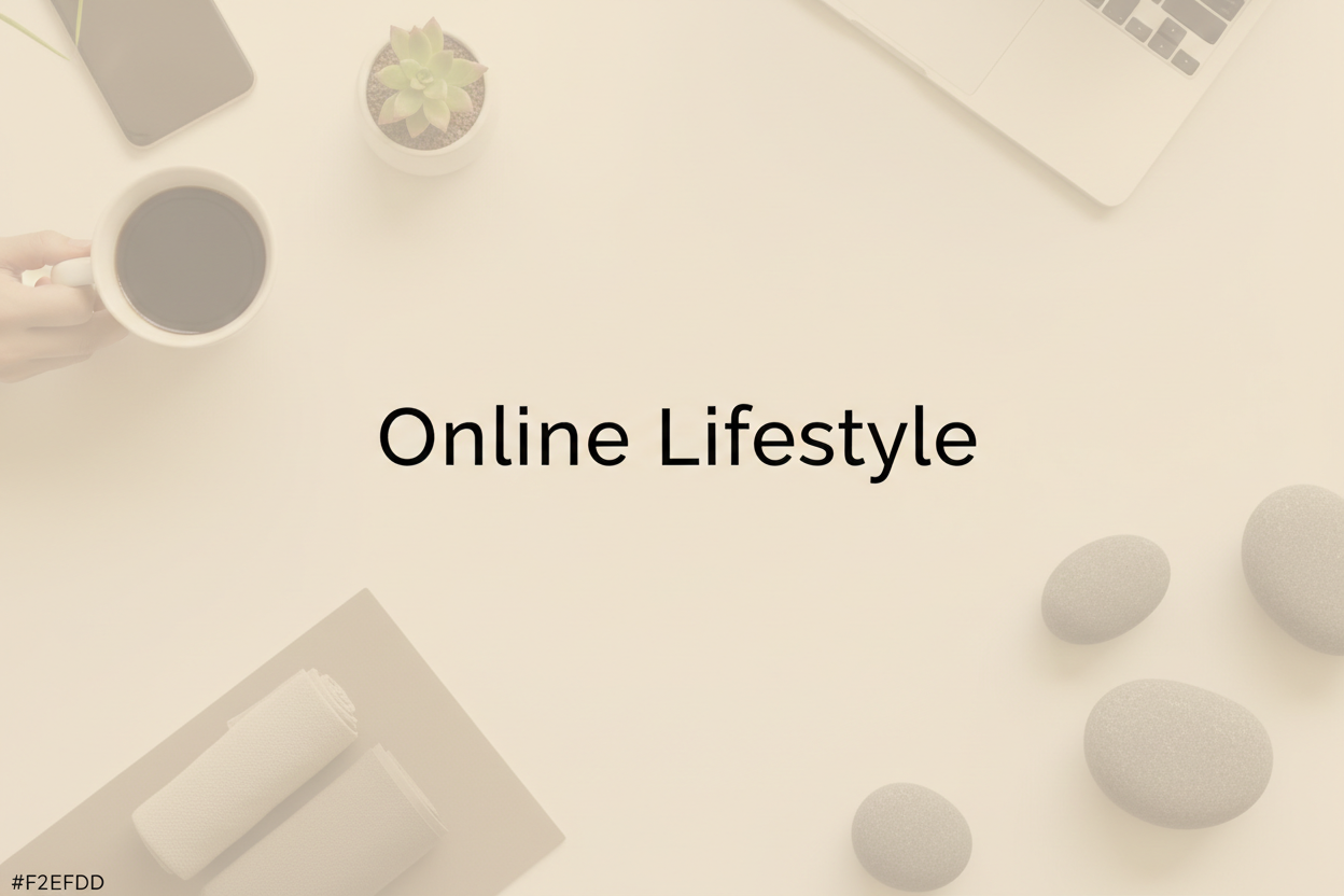 Minimalist small banner design with the text ‘Online Lifestyle’ centered. Soft pastel background using color code #F2EFDD, modern sans-serif typography. Include subtle, sober lifestyle photos (calm daily life, coffee, workspace, wellness, neutral tones) blended softly into the background. Clean layout, aesthetic and modern lifestyle vibe, gentle lighting, minimal contrast, elegant and high quality.